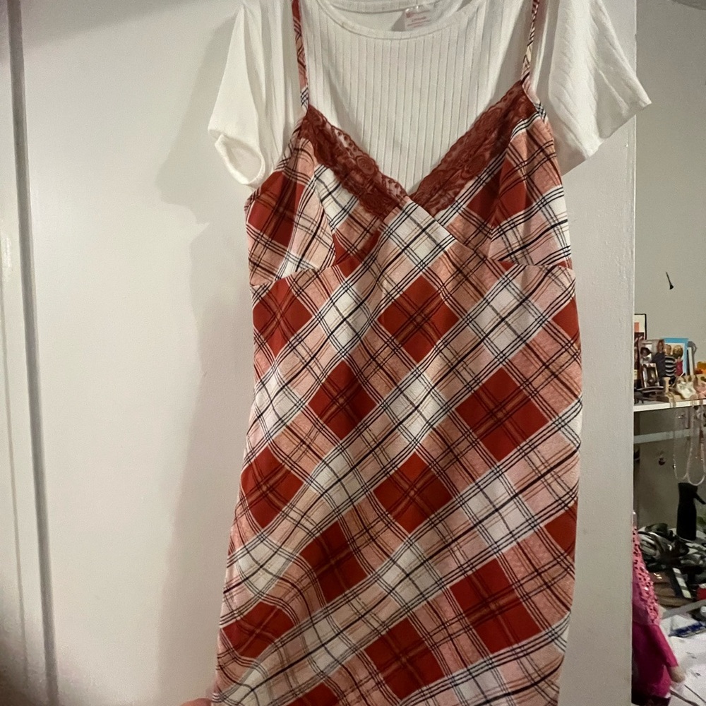 Red and White Plaid Chemise with Spaghetti Straps